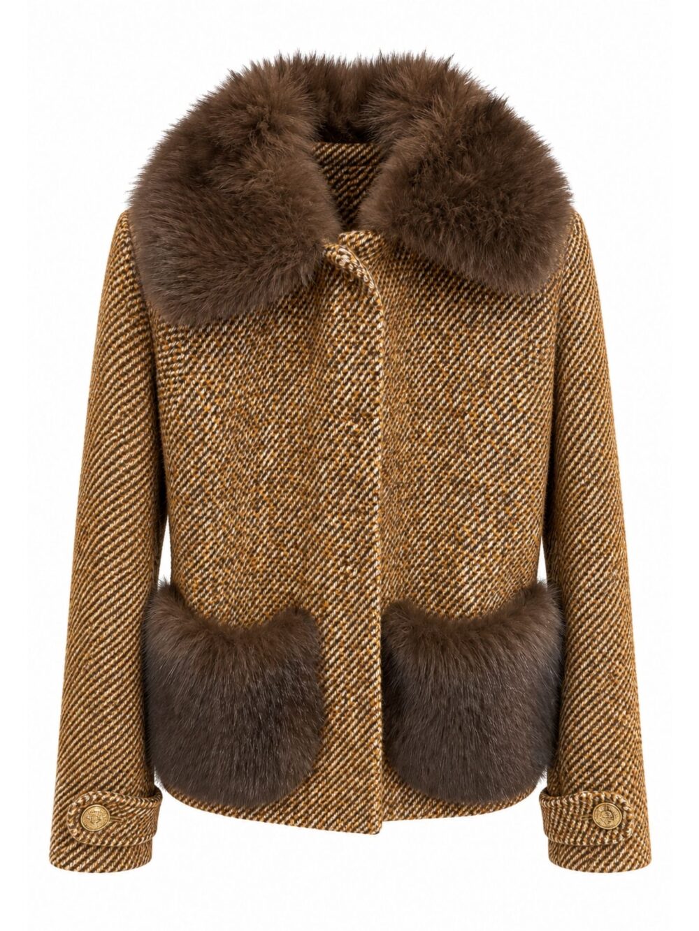 Giacca in tweed caramello con collo e tasche a contrasto