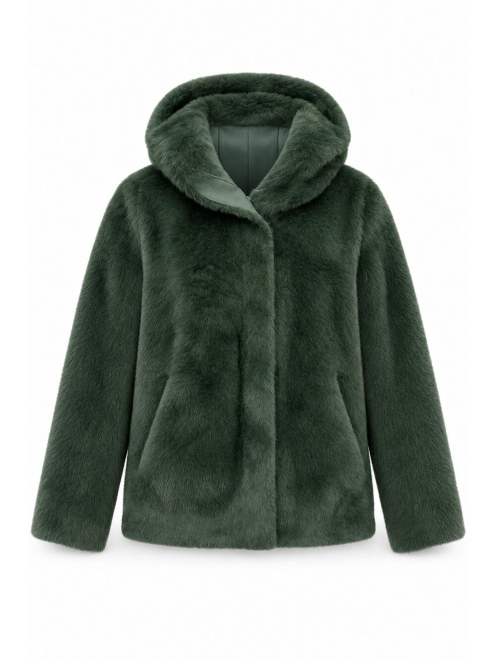 Giacca corta verde bosco ecopelliccia con cappuccio