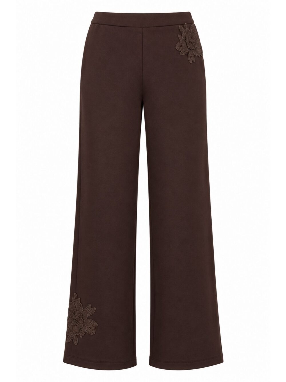 Pantaloni palazzo marroni con ricami floreali