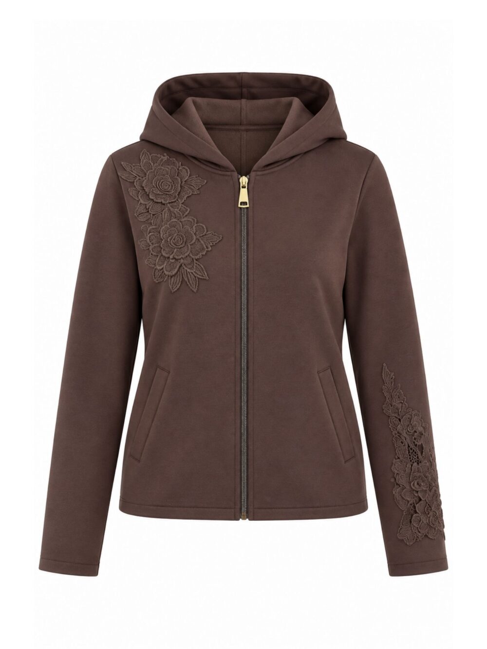 Giacca marrone con cappuccio e ricami floreali