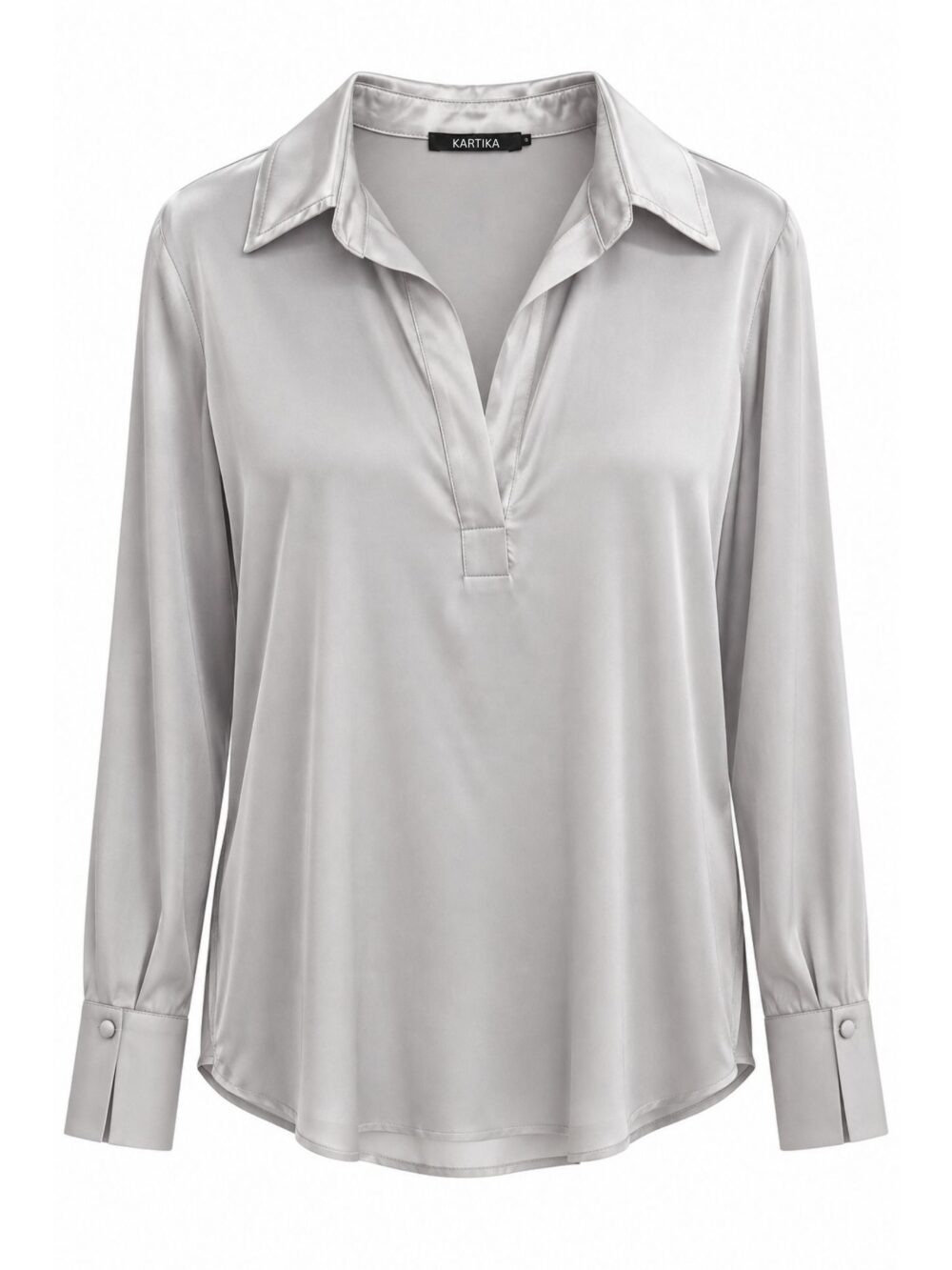 Blusa grigio perla in raso con collo polo